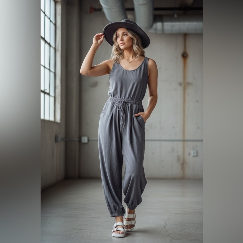 Listicle Charcoal Grey Open Back Jogger Drawstring Jumper Jumpsuit - Picture 10 of 10